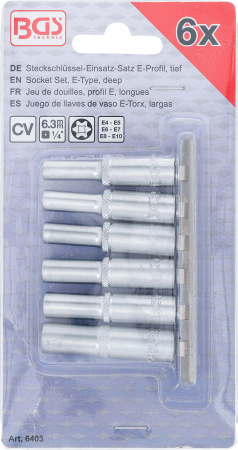 Zestaw nasadek 1/4" profil E głębokich E4 - E10 6 szt.